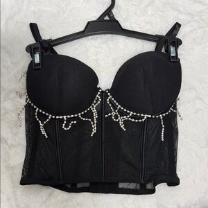 Black Rhinestone fringe Bustier Crop Top - Women's NWT